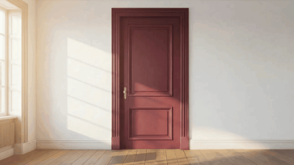 red paneled interior door with decorative trim in a bright room with wooden floors and sunlight streaming in