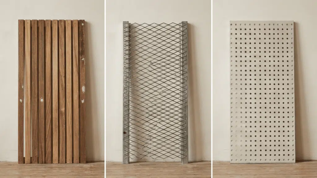 side by side comparison of wood lath metal lath and gypsum board lath used in lath and plaster wall construction