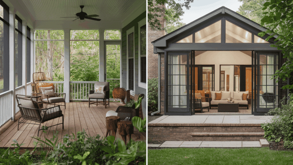 side-by-side view of a traditional 4-season room (left) and a modern 3-season room with a glass roof (right),