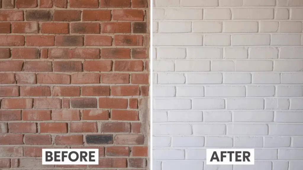 vertical half collage of same brick wall before and after lime wash, precise alignment, labels 'before' and 'after'