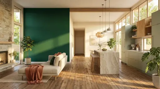 Open-concept living room with green accent wall, stone fireplace, and light wood flooring