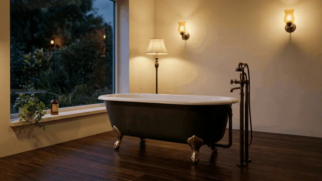 A dark clawfoot freestanding garden tub on hardwood floor with brass legs and warm wall lighting overlooking outdoor greenery