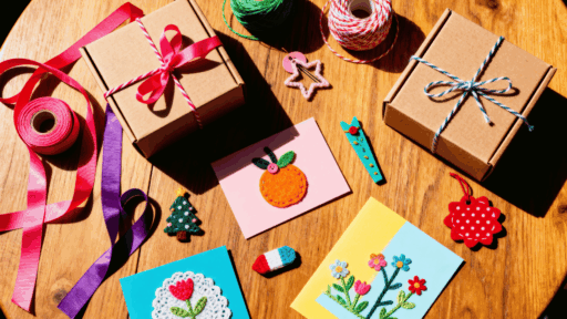 A flat lay of homemade gifts made easy with ribbons, kraft boxes, handmade cards, and small DIY crafts on a wooden table