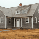Ccpe cod style house exterior with cedar shingles, steep roof, central chimney, dormer windows, and classic coastal design