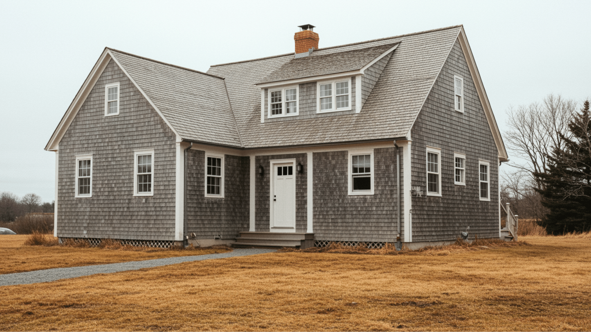Ccpe cod style house exterior with cedar shingles, steep roof, central chimney, dormer windows, and classic coastal design