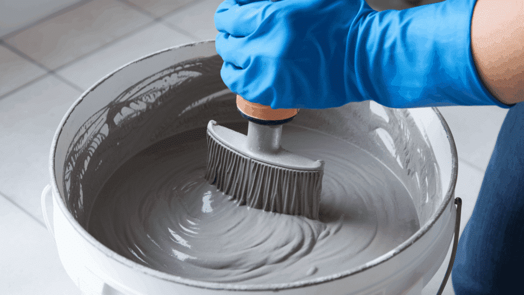 Close-up of gloved hands mixing grout powder and water in a bucket with a drill paddle to achieve a thick paste-like consistency