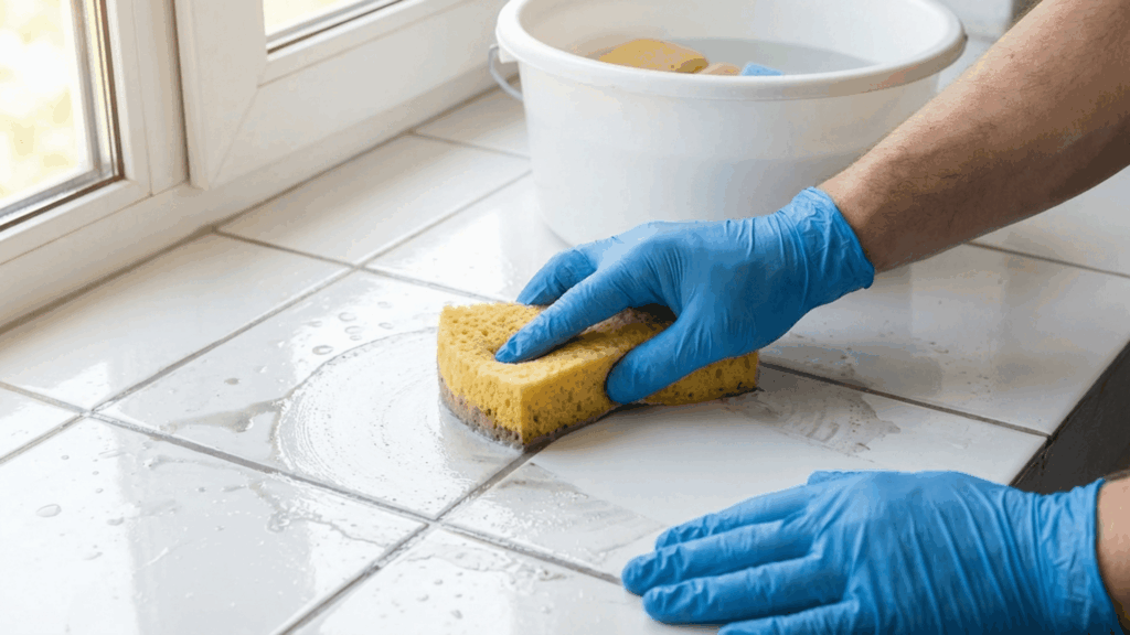 Close-up of gloved hands using a damp sponge in a circular motion to remove excess grout residue from the tile surface after grouting