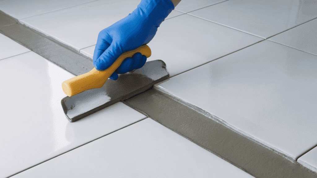 Close-up of gloved hands using a rubber grout float at a 45-degree angle to press grout firmly into the joints between floor tiles
