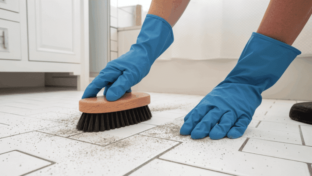 Close-up of hands cleaning dust and leftover adhesive from tile joints before applying grout to ensure proper bonding