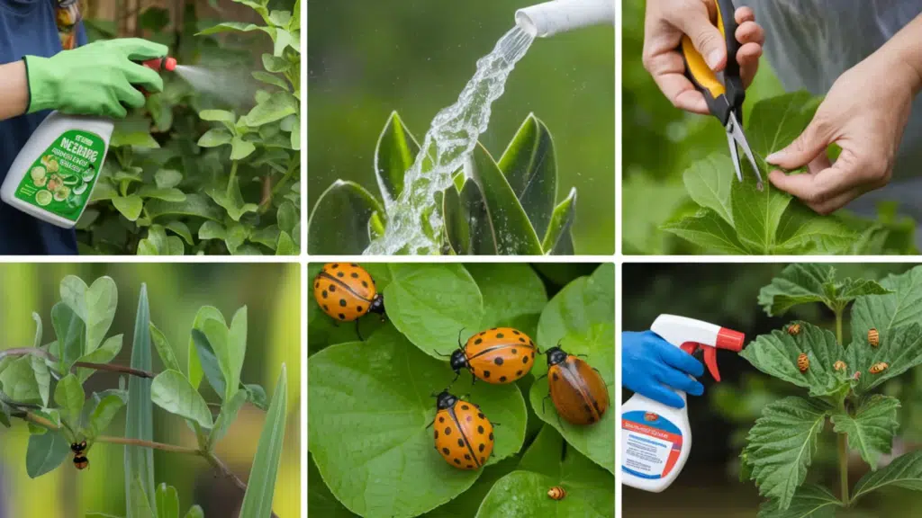 Collage of natural thrips control neem oil spray, water rinse, pruning, ladybugs