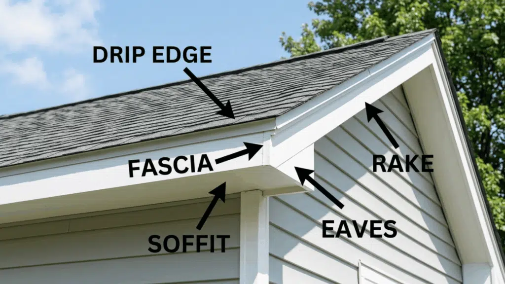 House roof edge showing drip edge, fascia, soffit, eaves, and rake with labeled arrows