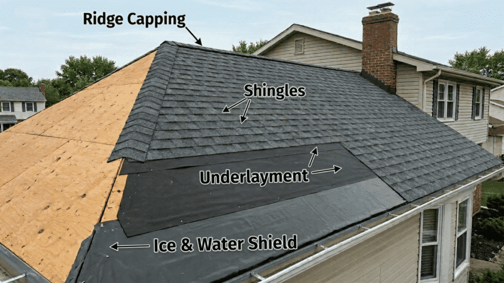 House roof showing ridge capping, shingles, underlayment, and ice & water shield layers during installation