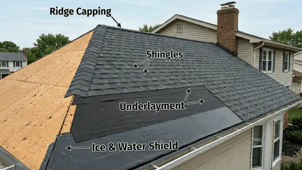 House roof showing ridge capping, shingles, underlayment, and ice & water shield layers during installation