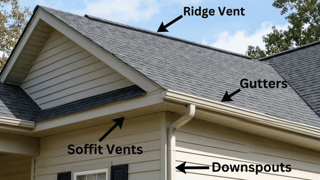 House roof showing ridge vent, soffit vents, gutters, and downspouts with labeled arrows