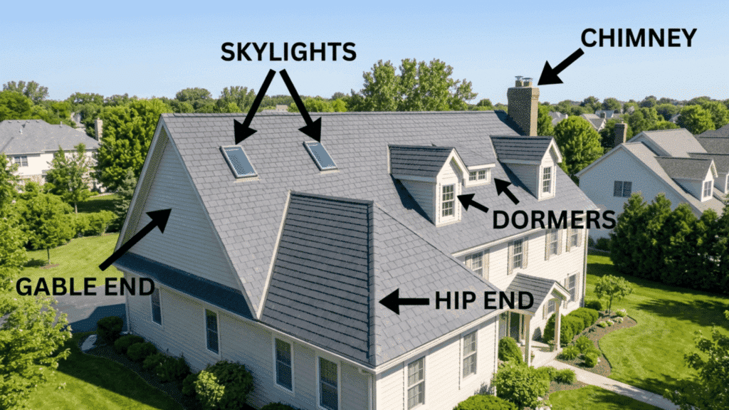 House roof showing skylights, chimney, dormers, gable end, and hip end with labeled arrows