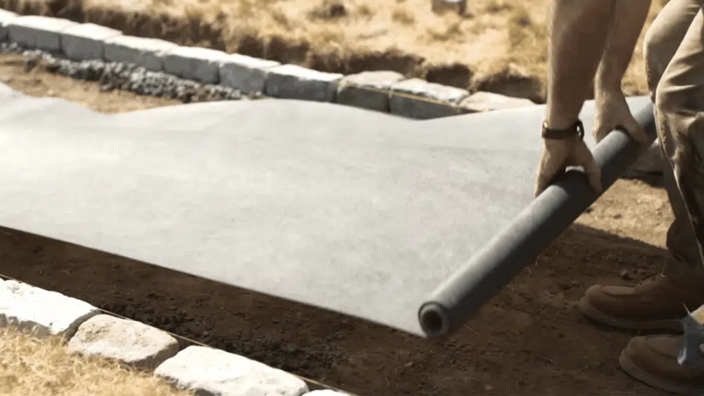 Landscape fabric being rolled out along the trench to prevent weeds from growing through the walkway.