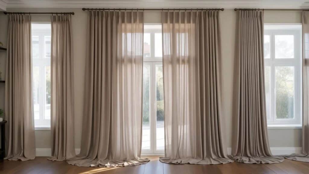 Large windows with long beige floor-length curtains hung on curtain rods in a bright living space.