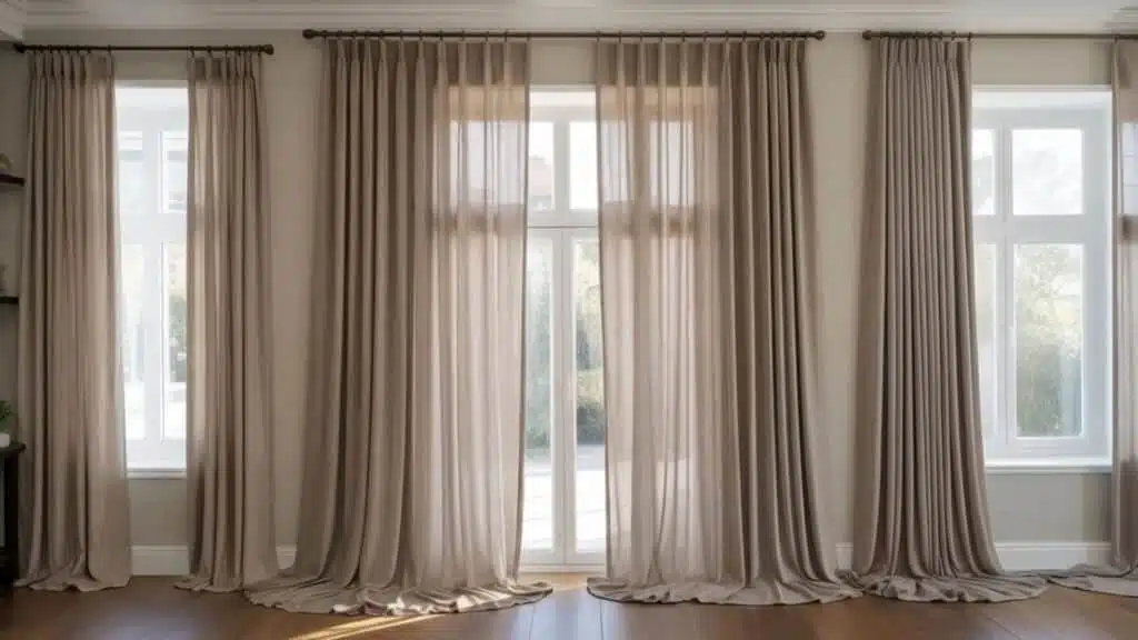 Large windows with long beige floor-length curtains hung on curtain rods in a bright living space.