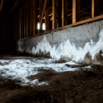 Low-angle view of a dark basement with concrete wall showing white efflorescence and damp soil floor, lit by small window