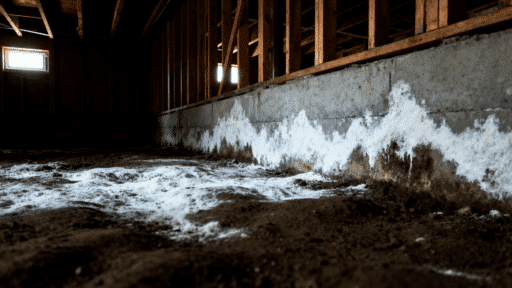 Low-angle view of a dark basement with concrete wall showing white efflorescence and damp soil floor, lit by small window