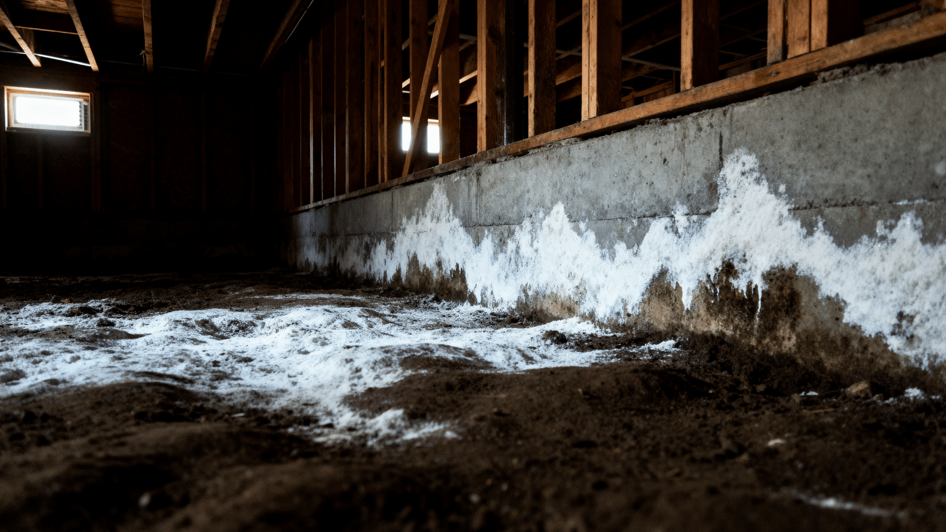 Low-angle view of a dark basement with concrete wall showing white efflorescence and damp soil floor, lit by small window