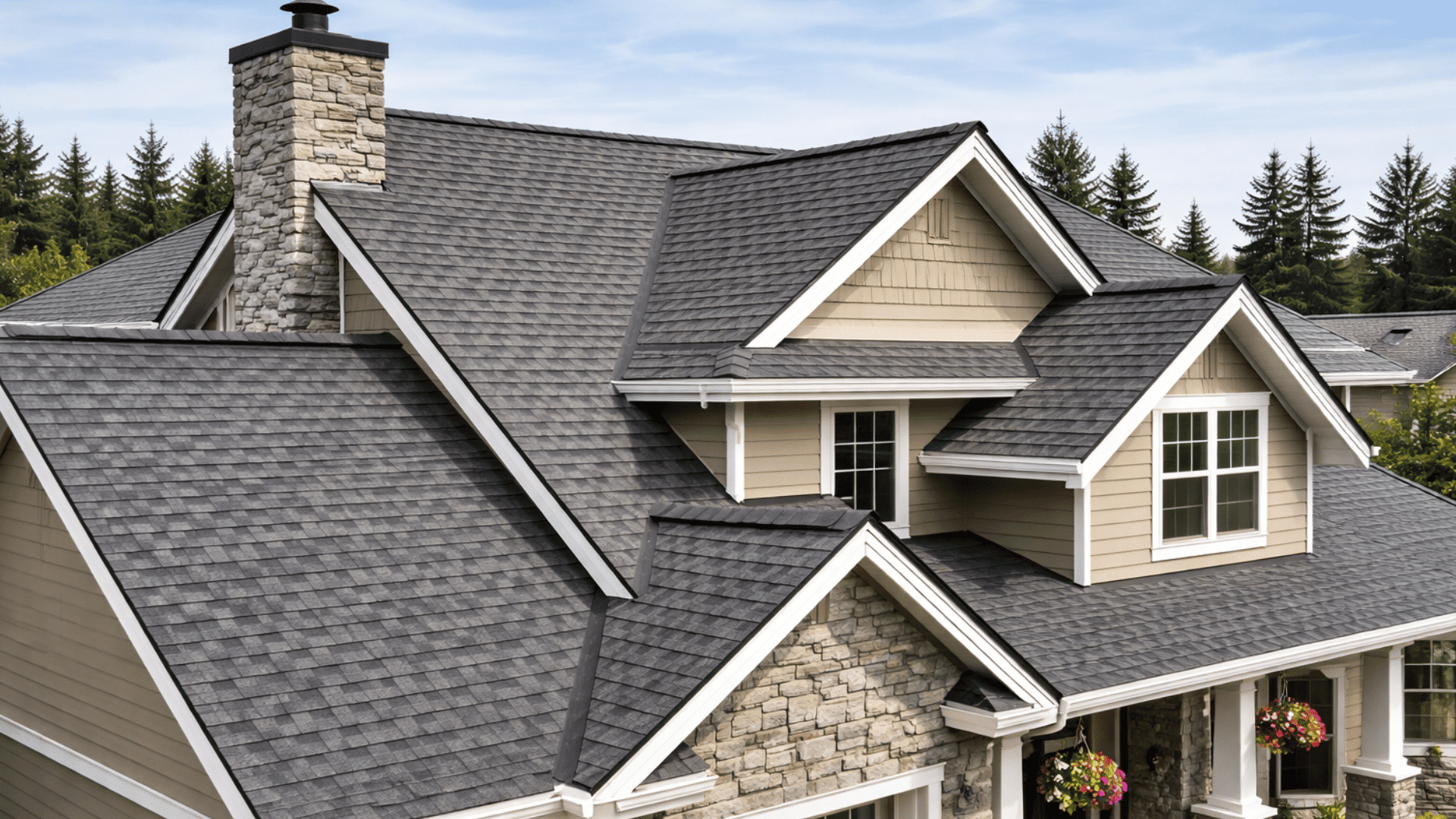 Modern house with gray asphalt shingle roof, multiple gables, and chimney in a suburban setting