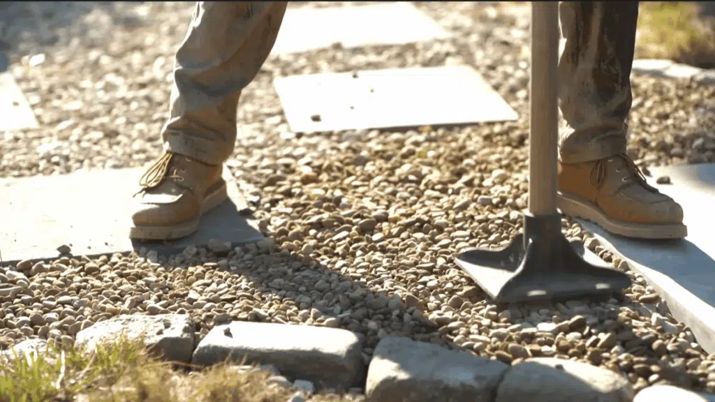 Person using a tamper to compact pea gravel around concrete pavers in a walkway.