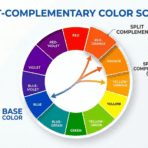 Split complementary color wheel diagram showing base color blue and split complements orange, yellow-orange, and red-orange highlighted