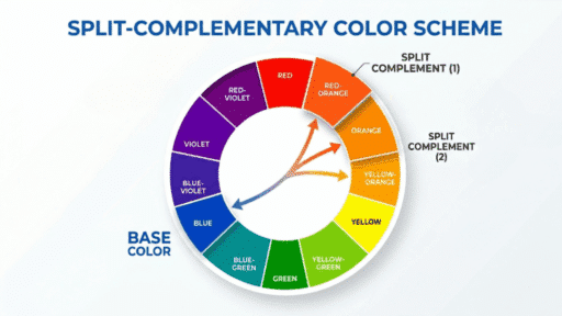 Split complementary color wheel diagram showing base color blue and split complements orange, yellow-orange, and red-orange highlighted