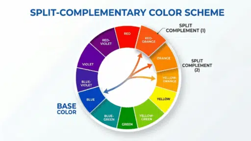 Split complementary color wheel diagram showing base color blue and split complements orange, yellow-orange, and red-orange highlighted