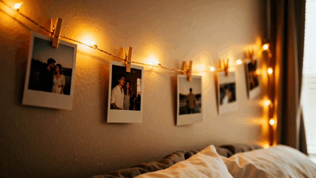 String lights with clipped printed photos arranged on a wall, glowing warmly as a DIY memory display