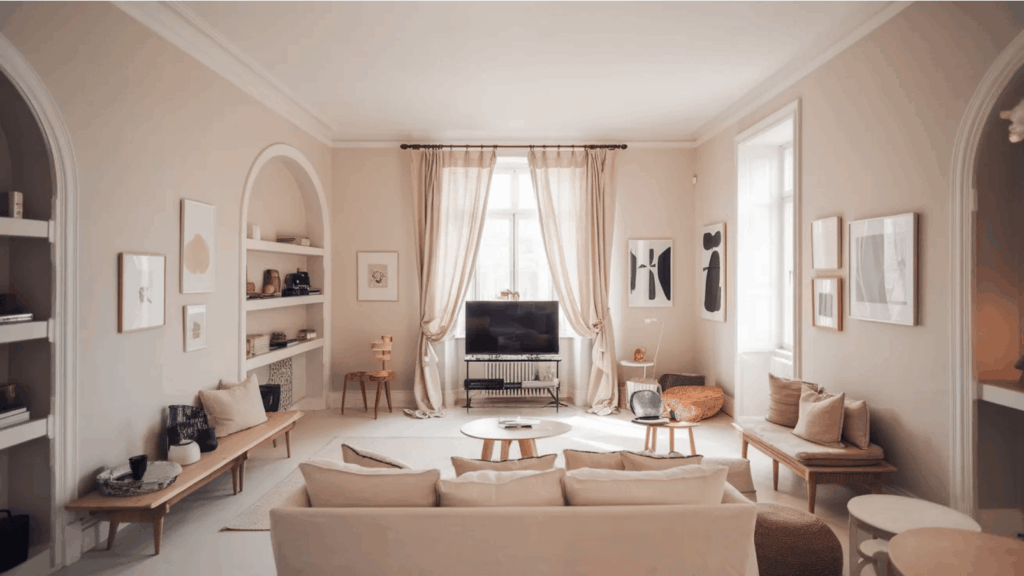 TV on a wood console in a greige living room with linen curtains, leafy plants, and art on lit floating shelves.