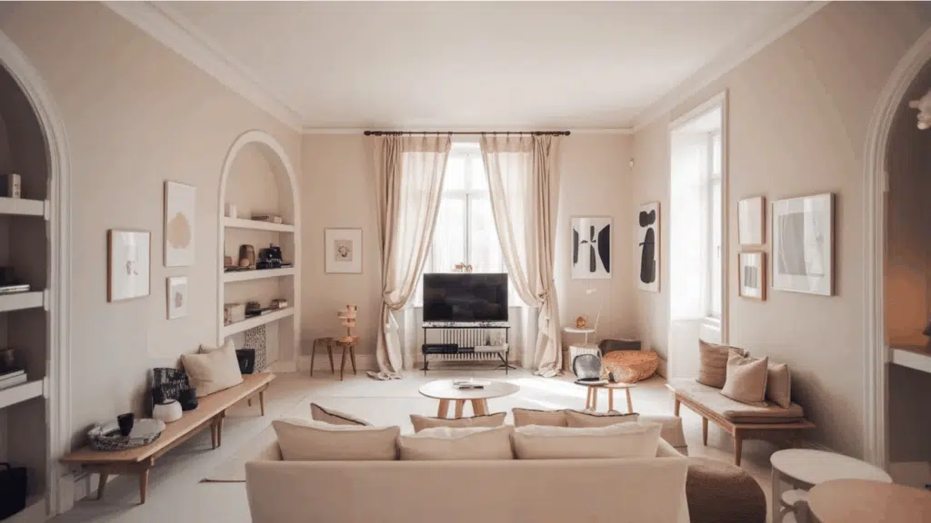 TV on a wood console in a greige living room with linen curtains, leafy plants, and art on lit floating shelves.