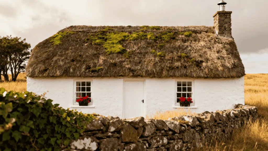 White cottage with a thatched roof, chimney, two windows with red flowers, and a stone wall in front of a rural field.