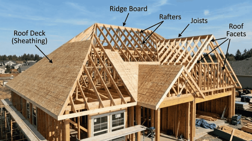 Wood house roof framing with rafters, trusses, ridge board, joists and roof deck labeled during construction