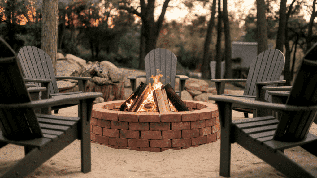 a backyard fire pit made of bricks with outdoor chairs arranged around it in a cozy evening setting with glowing flames
