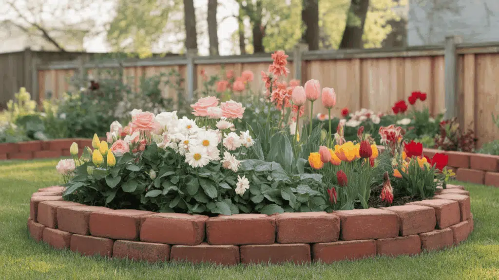 a backyard flower bed with clean stone brick edging filled with colorful blooms in a well-maintained and sunny garden space