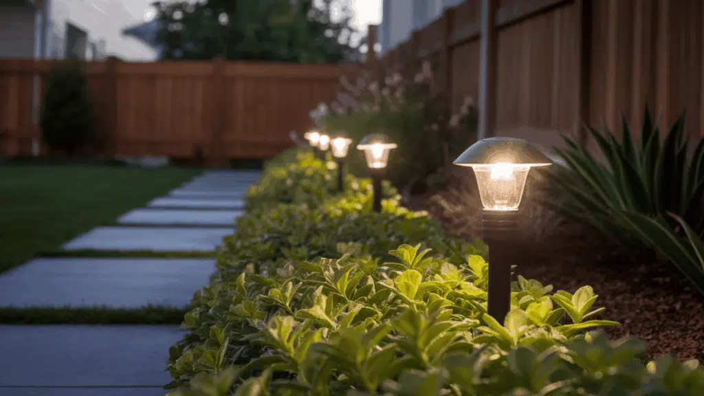 a backyard garden path lined with softly glowing solar stake lights at dusk surrounded by low green border plants on each side
