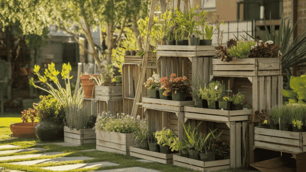a backyard garden with old wooden crates and a ladder repurposed as tiered plant stands holding colorful potted plants in sunlight