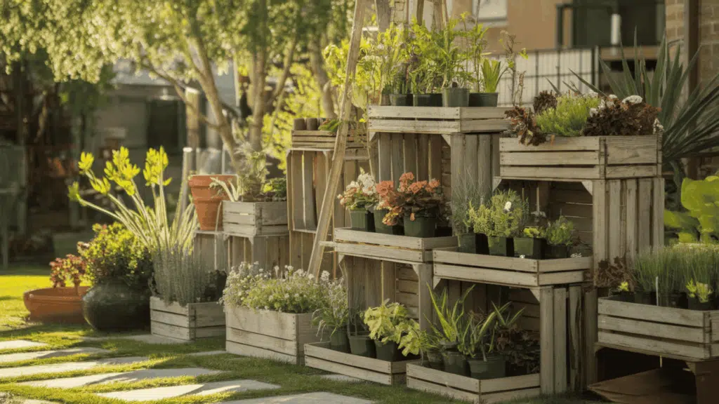 a backyard garden with old wooden crates and a ladder repurposed as tiered plant stands holding colorful potted plants in sunlight