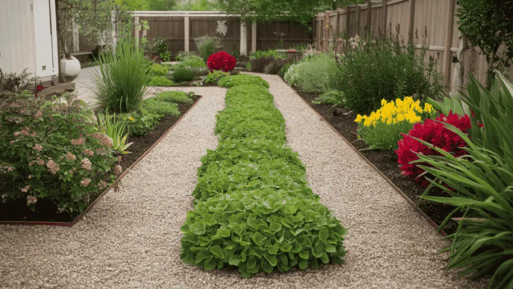 a backyard gravel garden path lined neatly with low green border plants winding through a tidy and well-kept outdoor garden space