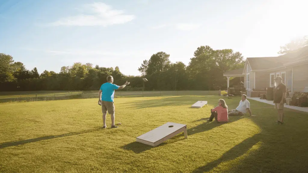 a backyard lawn game area with a cornhole set placed on a flat grassy yard with people enjoying the game on a sunny afternoon