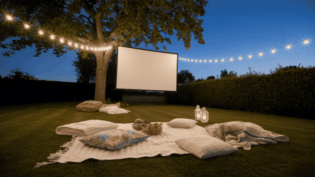 a backyard movie night setup with a white projector screen string lights and cozy blankets arranged on the grass in the evening