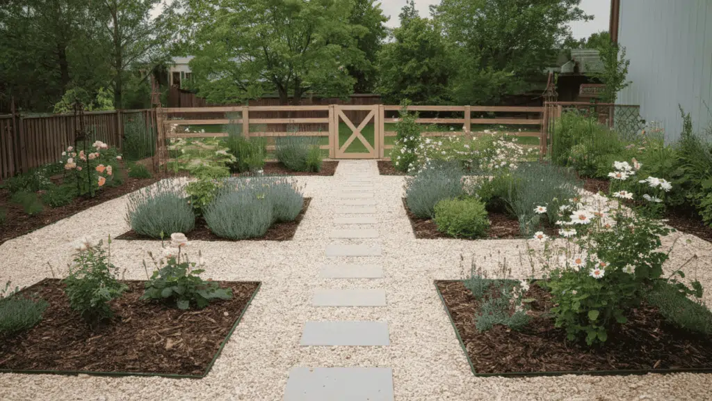 a backyard open area covered with light decorative gravel between neat garden beds and a simple pathway in a tidy well-kept yard