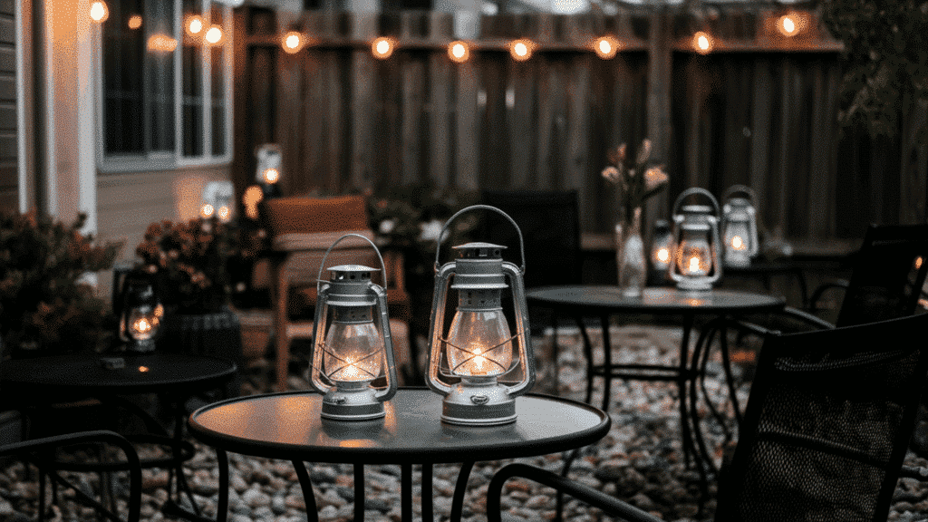 a backyard patio with outdoor lanterns placed on tables and hanging from a fence creating warm and soft light in the evening