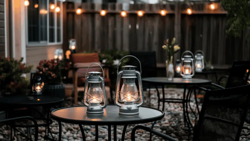 a backyard patio with outdoor lanterns placed on tables and hanging from a fence creating warm and soft light in the evening
