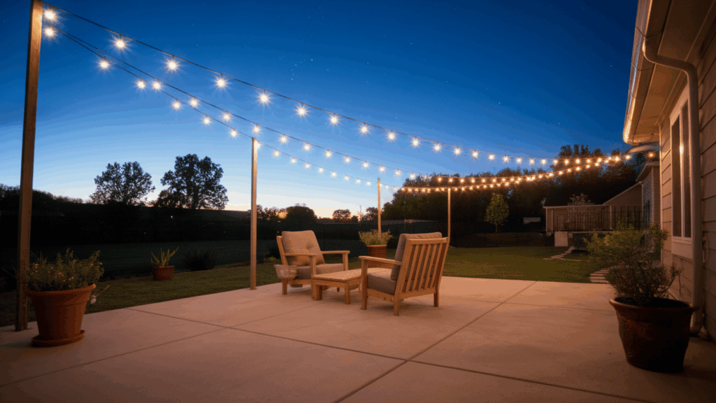 a backyard patio with warm string lights hanging in a crisscross pattern overhead above simple outdoor seating at dusk