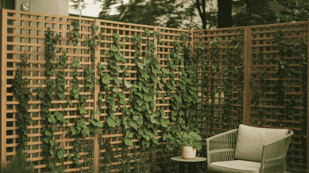 a backyard privacy screen made of wooden lattice panels with climbing green plants creating a quiet and secluded outdoor space