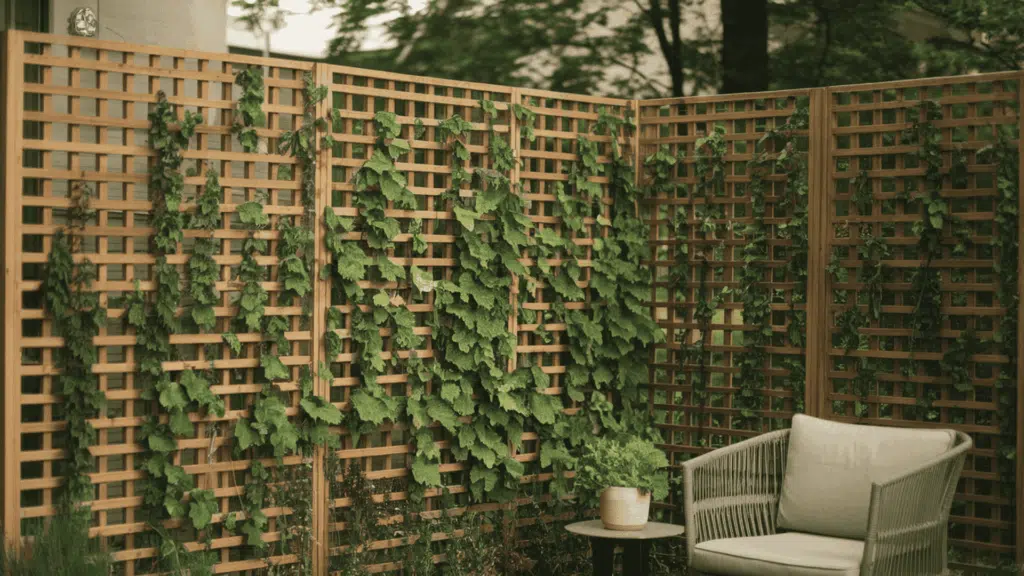 a backyard privacy screen made of wooden lattice panels with climbing green plants creating a quiet and secluded outdoor space