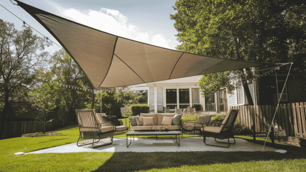 a backyard seating area shaded by a large triangular shade sail stretched between posts with outdoor chairs below on a sunny day